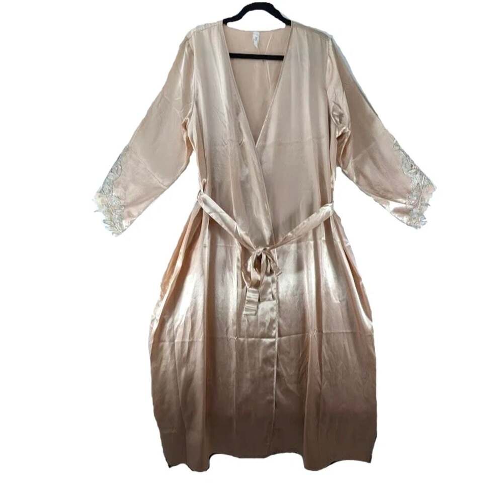 Flora Satin Robe S/M Champagne Gold Lace‎ Trim Long Sleeve Wrap Loungewear Y2K - Picture 8 of 9
